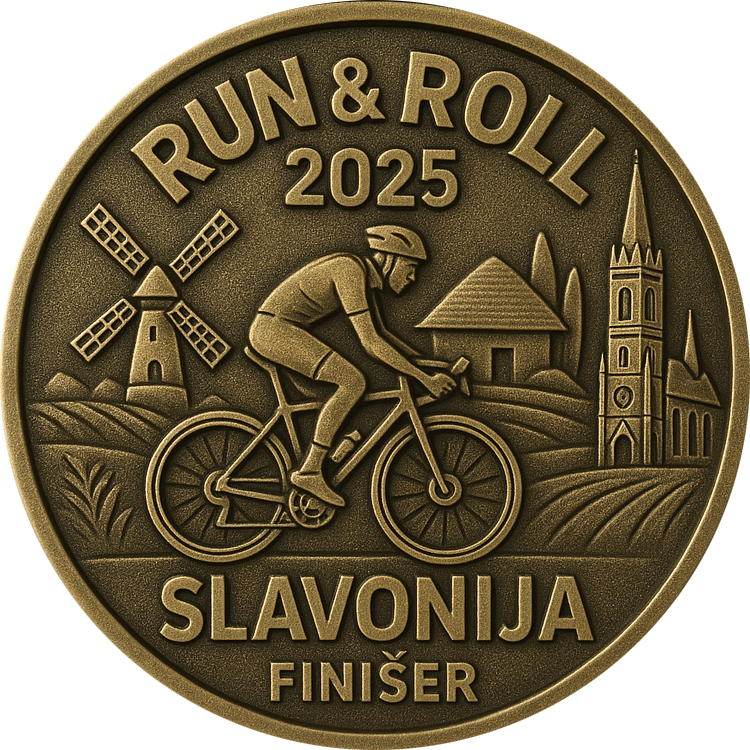 Cyclist's finisher medal with mint green ribbon and cycling wheel motif