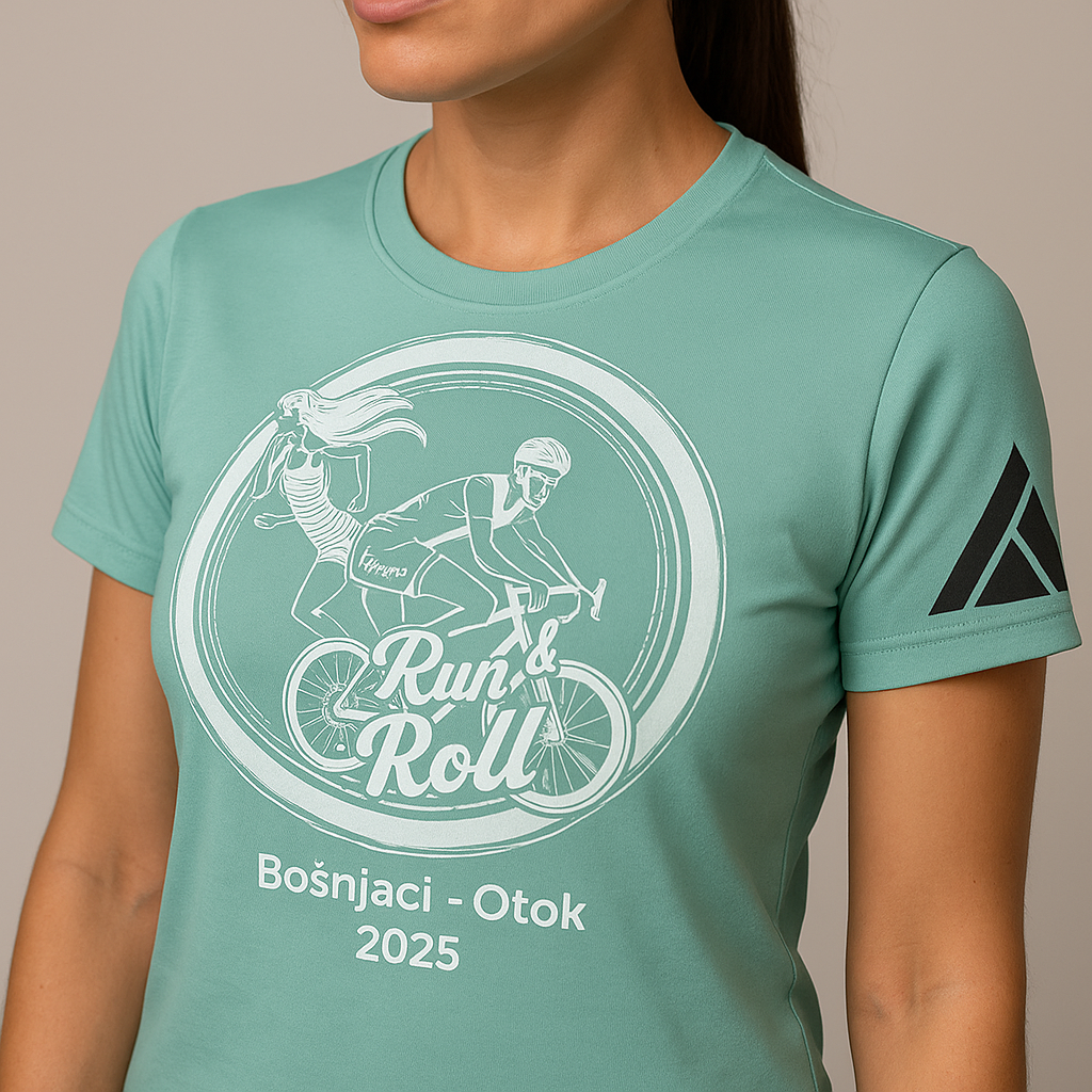 Cyclist's technical t-shirt in mint green with cycling motifs