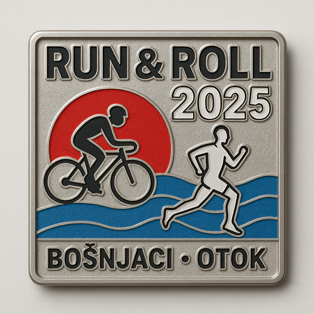 Metal commemorative pin with Run & Roll logo