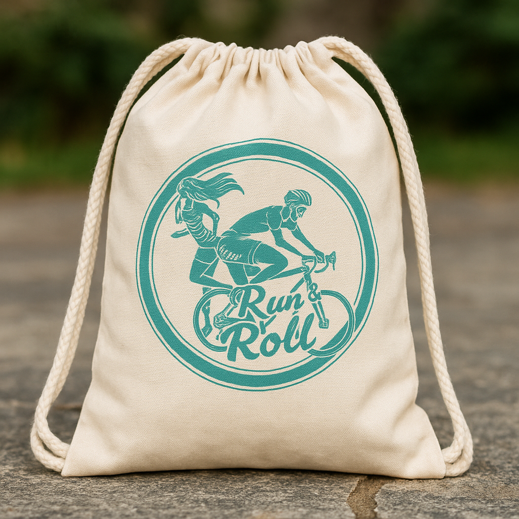 Eco-friendly drawstring bag with Run & Roll logo